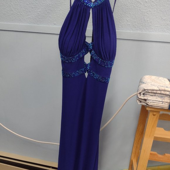 Deb royal blue fitted prom dress with jeweled straps - Picture 1 of 3
